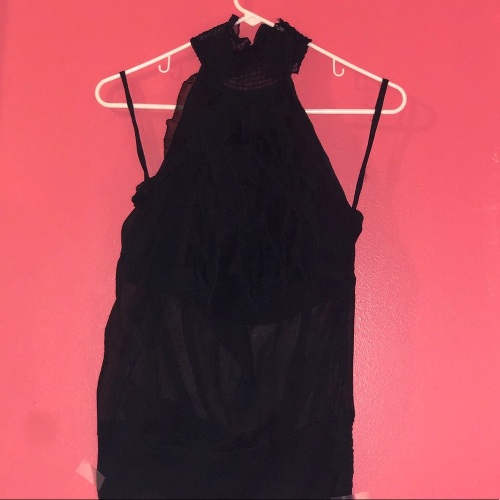 Black halter neck, ruffled top